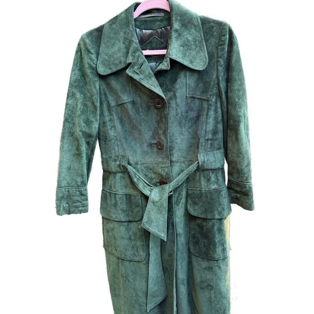 Vintage Green Suede Leather Belted Trench Coat - Picture 2 of 4